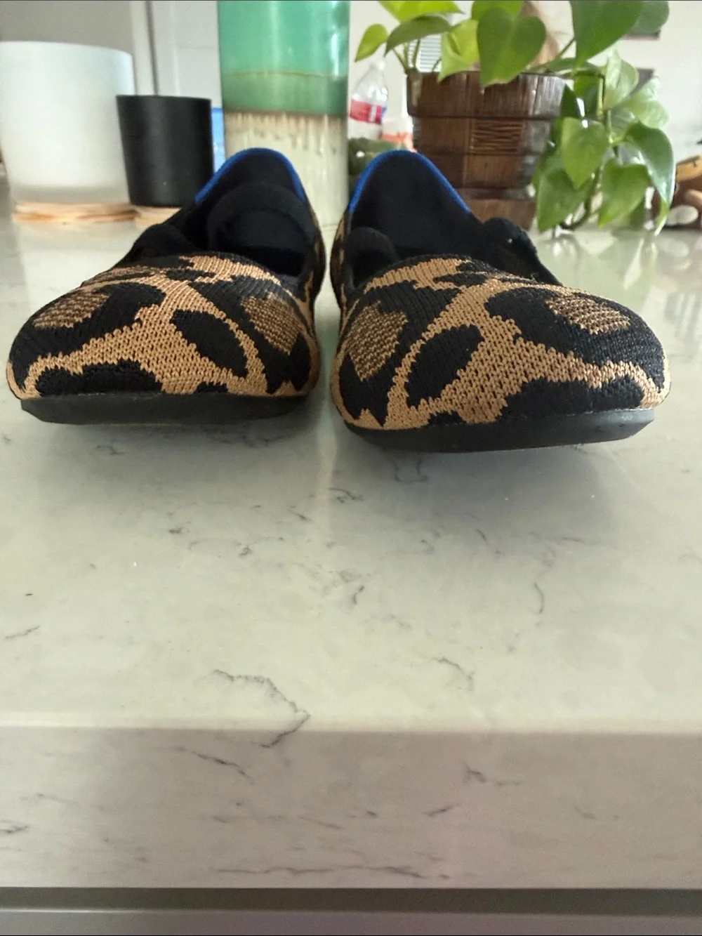 Rothy's Kids Leopard-Print Slip-On Ballet Flats in Tan and Black with Blue Trim